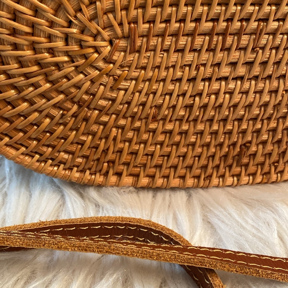 Oval Woven Rattan Bag with Long Leather Strap - Picture 14 of 16